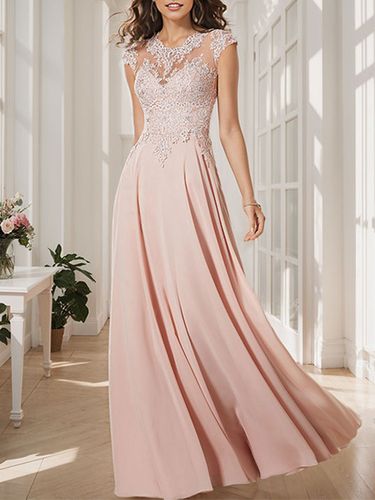 Robe de mère de mariée robe cocktail mariage col rond manche court haut en dentelle jupe en mousseline de soie - milanoo.com - Modalova