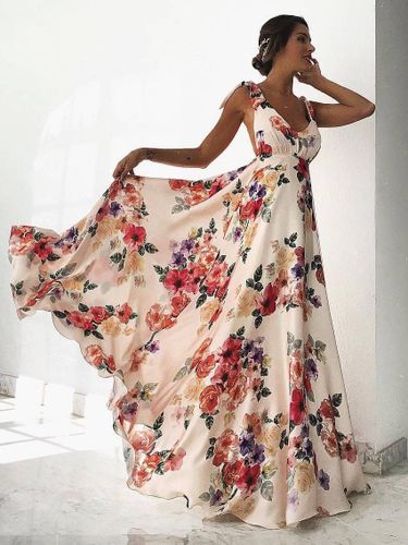 Robe longue dos nu en mousseline à imprimé floral - Robe bohème crème à épaules dénudées - Coupe trapèze - Idéale pour les invités aux mari - milanoo.com - Modalova