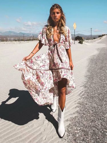 Robe longue bohème fleurie asymétrique - crème découpes nœud sur le devant manches papillon - Été 2026 - milanoo.com - Modalova