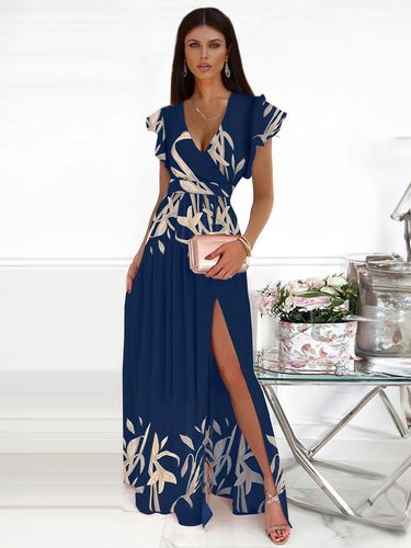 Robe Longue Imprimé avec Manches Courtes Volantes à Col Décolleté en V Coupe Cintrée avec Fente Bicolores - milanoo.com - Modalova