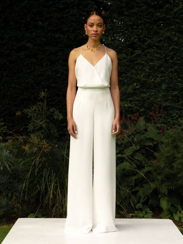 Combinaison de mariée ivoire longueur au sol coupe trapèze col en V sans manches personnalisation gratuite - milanoo.com - Modalova