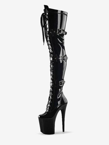 Femmes Sexy Bottes Bout Rond À Lacets Fermeture Éclair Talon Aiguille Rave Club Noir Cuissardes - milanoo.com - Modalova