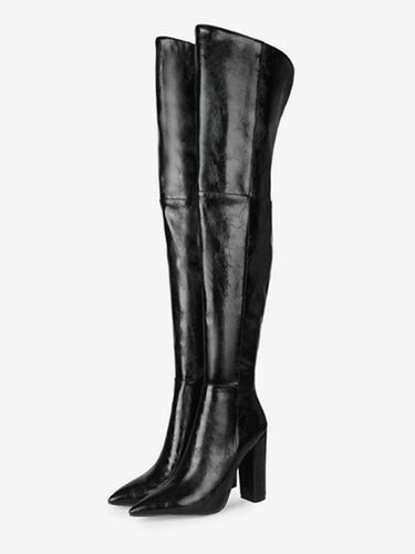 Cuissardess Bottes à talons épais en cuir PU à bout pointu noir - milanoo.com - Modalova