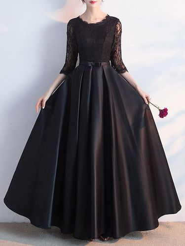 Robe de soirée trapèze col bijou longueur au sol manches longues lacets en Lycra Spandex robes de soirée sociale - milanoo.com - Modalova