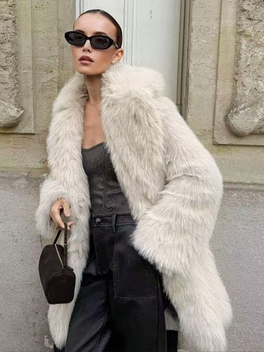 Manteau mi-long en fausse fourrure blanche à revers crantés Veste longue d'hiver écologique 2026 - milanoo.com - Modalova