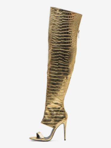 Cuissardes Argentées Or Serpent Vernies Bout Découpé Chaussures Hautes Talon Aiguille - milanoo.com - Modalova