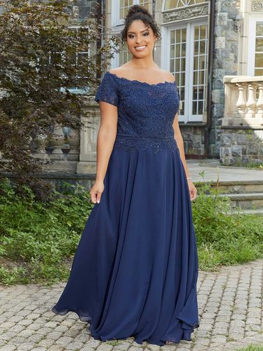 Robe de mère col bateau manches courtes a-ligne dentelle longueur au sol robes d\'invité de mariage - milanoo.com - Modalova