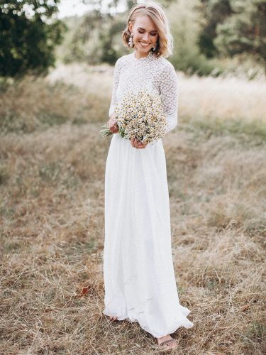 Robe de mariée deux pièces en dentelle col rond coupe trapèze dos nu manches longues - milanoo.com - Modalova