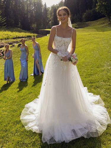 Robe de mariée bohème en tulle et dentelle coupe trapèze avec traîne taille naturelle fermeture éclair sans manches col carré - milanoo.com - Modalova