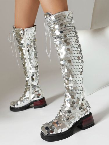 Bottes au genou ées à plateforme pailletée et à lacets à talon aiguille - milanoo.com - Modalova