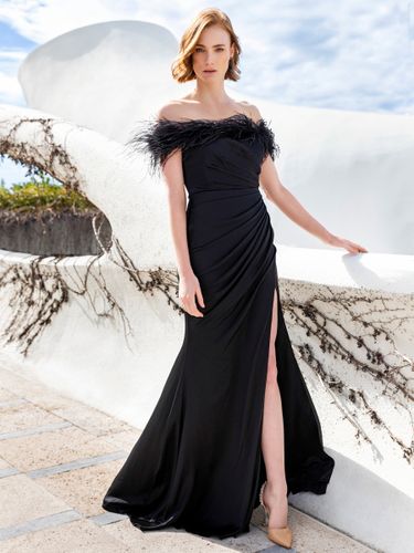Avec robe de cocktail Jolie sirène avec traîne Col bateau Plumes Soie élastique comme du satin - milanoo.com - Modalova