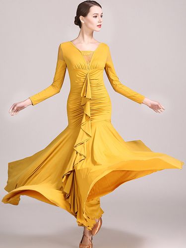 Costumes de danse de salon jaunes robe Sexy en dentelle transparente col en v en Polyester à volants vêtements de danse superposés - milanoo.com - Modalova
