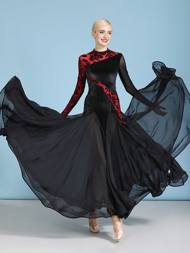 Costumes de danse de salon vert foncés robe Sexy transparente en velours à col montant robe de danse à plusieurs niveaux - milanoo.com - Modalova