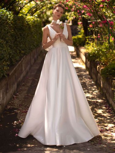 Robe de mariée Vintage col en v sans manches taille naturelle tissu en Satin avec nœuds de Train robes de mariée - milanoo.com - Modalova