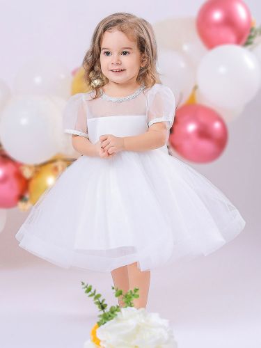 Robes de demoiselle d\'honneur blanches robes d\'occasion spéciale tissu en satin manches courtes col bijou robes de demoiselle d\'honneur - milanoo.com - Modalova