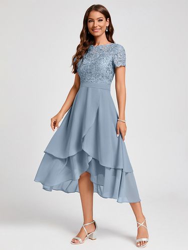 Robe de soirée pour mère de la mariée col bijou manches courtes ligne a robes d\'invitées asymétriques pour mariage - milanoo.com - Modalova