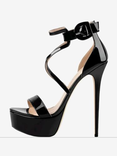Sandales À Talons Sexy Noires Plateforme Verni Bride À La Cheville Chaussures À Talons Hauts - milanoo.com - Modalova