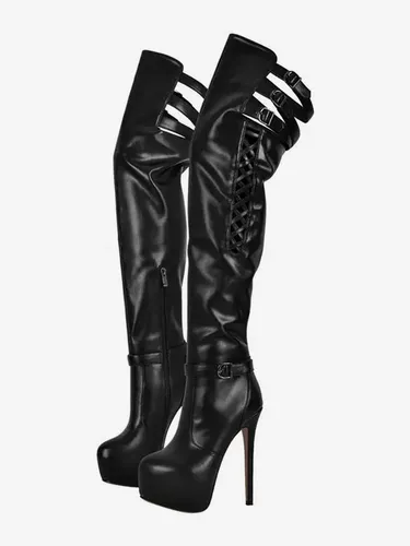 Bottes sexy au dessus du genou plateforme découpée détail de boucle talons hauts cuissardes grande taille - milanoo.com - Modalova