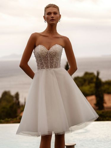 Robe de mariée courte décoré des perles sans bretelles manches longues col en coeur zip sur dos - milanoo.com - Modalova