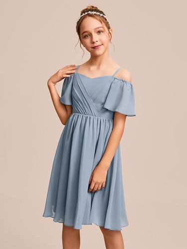Robes de demoiselle d\'honneur blanches Robes pour occasions spéciales Robes de demoiselle d\'honneur en mousseline bleue à manches courtes et col - milanoo.com - Modalova