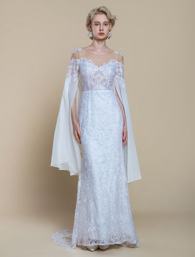 Robe de mariée bohème en polyester à plusieurs niveaux sirène avec traîne taille naturelle fermeture éclair manches longues décolleté illusion - milanoo.com - Modalova