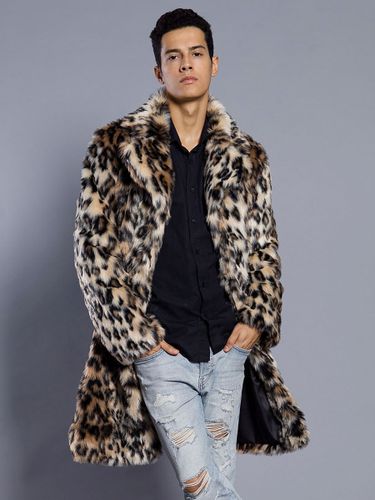Manteau En Fausse Fourrure Long Léopard Manches Longues Chaud Hiver Col Rabattu Capuche - milanoo.com - Modalova