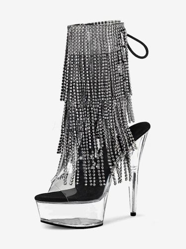 Bottes sexy à talons hauts et bout ouvert avec lacets et strass talon aiguille bottes noires pour pole dance cuissardes hautes bottes au-dessus du ge - milanoo.com - Modalova