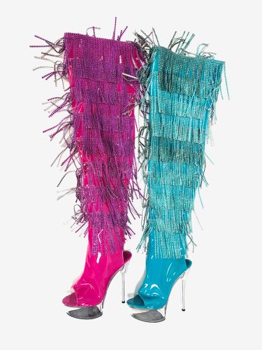 Bottes sexys plateforme bout ouvert fermeture éclair talon aiguille bottes hautes pour club de rave avec strass et pompons - milanoo.com - Modalova