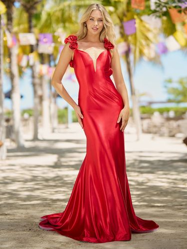 Robe de bal sirène col en v traîne Court sans manches dos nu fleurs soie élastique comme du Satin robes de dîner formelles - milanoo.com - Modalova