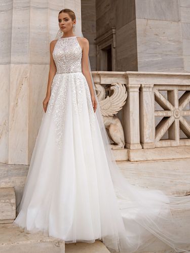 Robe de mariée balayage A-ligne sans manches en tulle bijou cou robes de mariée - milanoo.com - Modalova