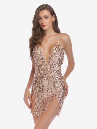 Robe De Club Courte Fendue s Bretelles Col Chic Paillettes En Polyester Sexy - milanoo.com - Modalova