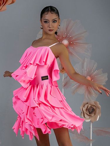 Costume de danse latine roses ensemble superposé de volants robe élégante en Polyester Costume de danse - milanoo.com - Modalova