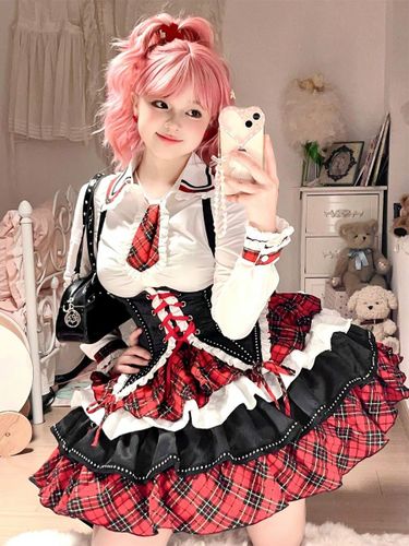 Tenues Steampunk Lolita Jupe à Manches Longues à Volants à Carreaux à Lacets - milanoo.com - Modalova