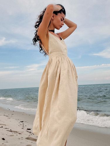 Robe nuisette maxi dos nu 100 % coton - Robe bohème à bretelles nouées col en V et coupe trapèze - Idéale pour les vacances d'été à la plage 2 - milanoo.com - Modalova