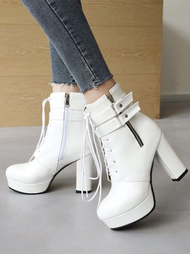 Bottines à bout rond blanchess Bottines à talon épais - milanoo.com - Modalova