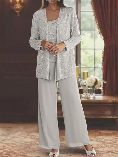 Robe de soirée pour la mère de la mariée col en bijoux manches longues deux pièces paillettes longueur cheville robes d\'invité pour mariage - milanoo.com - Modalova