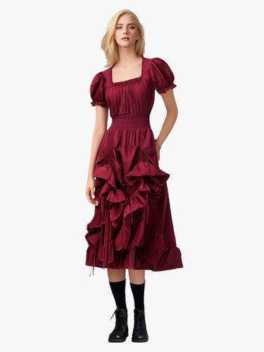 Robe De Costume Plissée Rétro Manches Courtes Col Carré Femme Vintage Bourgogne - milanoo.com - Modalova