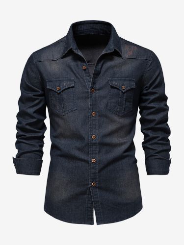 Chemise En Jean Décontractée À Manches Longues Couleur Unie Coupe Cintrée - milanoo.com - Modalova