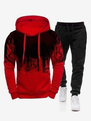 Ensemble Sweat À Capuche Sport s Noir Rouge Décontracté Pantalon - milanoo.com - Modalova