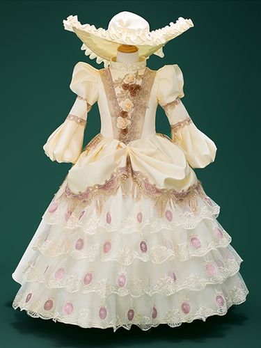 Costumes rétro pour fille tunique en polyester à imprimé floral en dentelle avec chapeau style européen - milanoo.com - Modalova