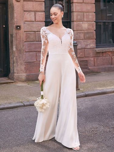 Combinaison de mariée en dentelle Combinaison longue au sol en dentelle Col en V Manches longues Taille naturelle - milanoo.com - Modalova