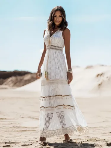 Robe longue bohème en dentelle - Robe d'été chic sans manches à col en V et découpes - Vacances d'été à la plage 2026 - milanoo.com - Modalova