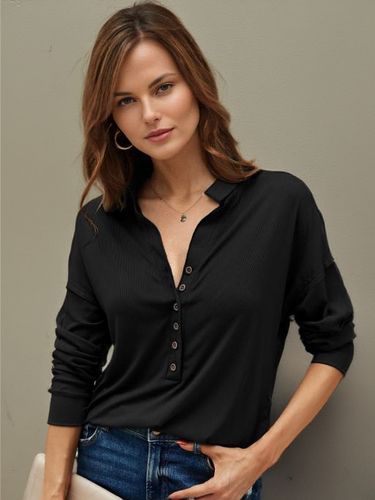 Chemisier Noir Col Rabattu Décontracté Boutons Manches Longues Tops - milanoo.com - Modalova