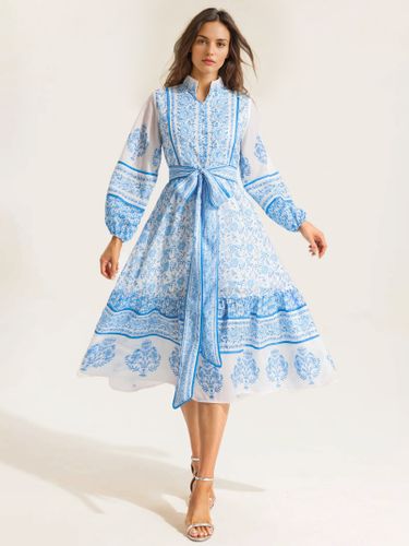 Robe midi à imprimé floral - Manches lanternes col montant coupe trapèze ceinture - Style folklorique - Idéale pour une garden-party printanière - milanoo.com - Modalova