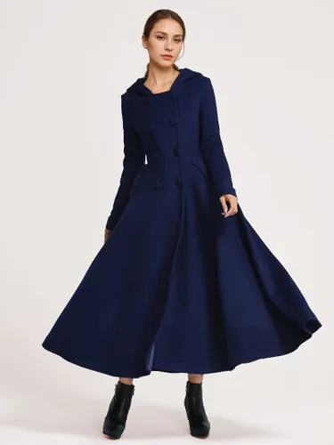 Manteau évasé en laine avec capuche bleu marine foncé croisé élégant coupe trapèze vêtement d'extérieur long hiver 2026 - milanoo.com - Modalova