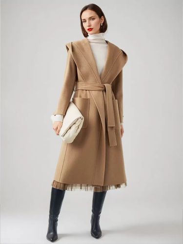 Manteau en laine et cachemire mélangés avec capuche vêtement d\'extérieur d\'hiver ceinturé double face en chameau 2026 - milanoo.com - Modalova