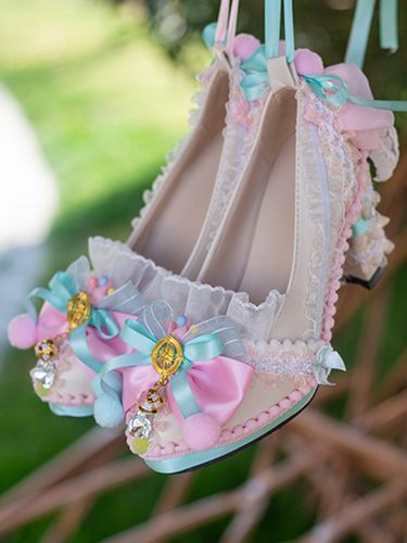 Chaussures Lolita style ROCOCO bleu ciel clair blocs de couleurs nœuds dentelle volants bout rond escarpins Lolita en cuir PU - milanoo.com - Modalova