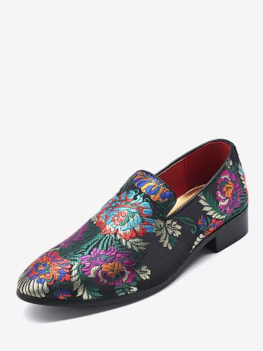 Mocassins brodéss chaussures à enfiler en tissu à motif floral bout pointu style vintage talon carré - milanoo.com - Modalova