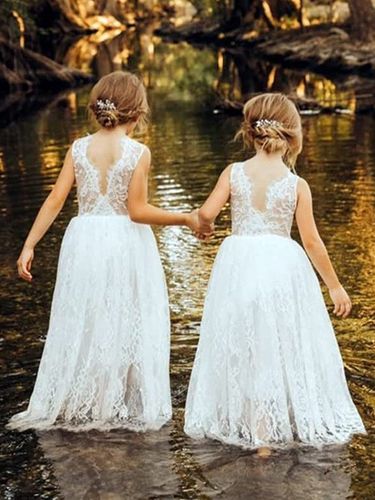 Robes de demoiselle d'honneur blanches en dentelle blanche sans manches à col bijou - milanoo.com - Modalova