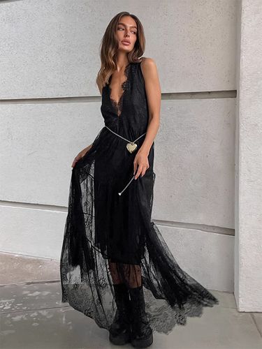 Robe longue en dentelle à volants et bordure cils - Robe d'été sexy à décolleté plongeant en V sans manches et à volants transparents - Idéale - milanoo.com - Modalova